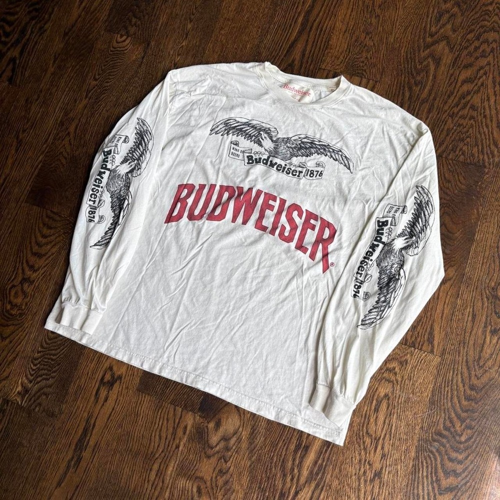 Y2K PacSun Budweiser Mens King of Beers 1876 Eagle Off White Long Sleeve Tee XL